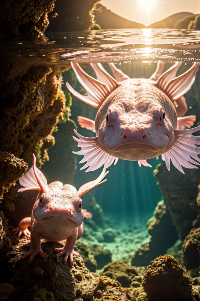 A god axolotl infront of a sun