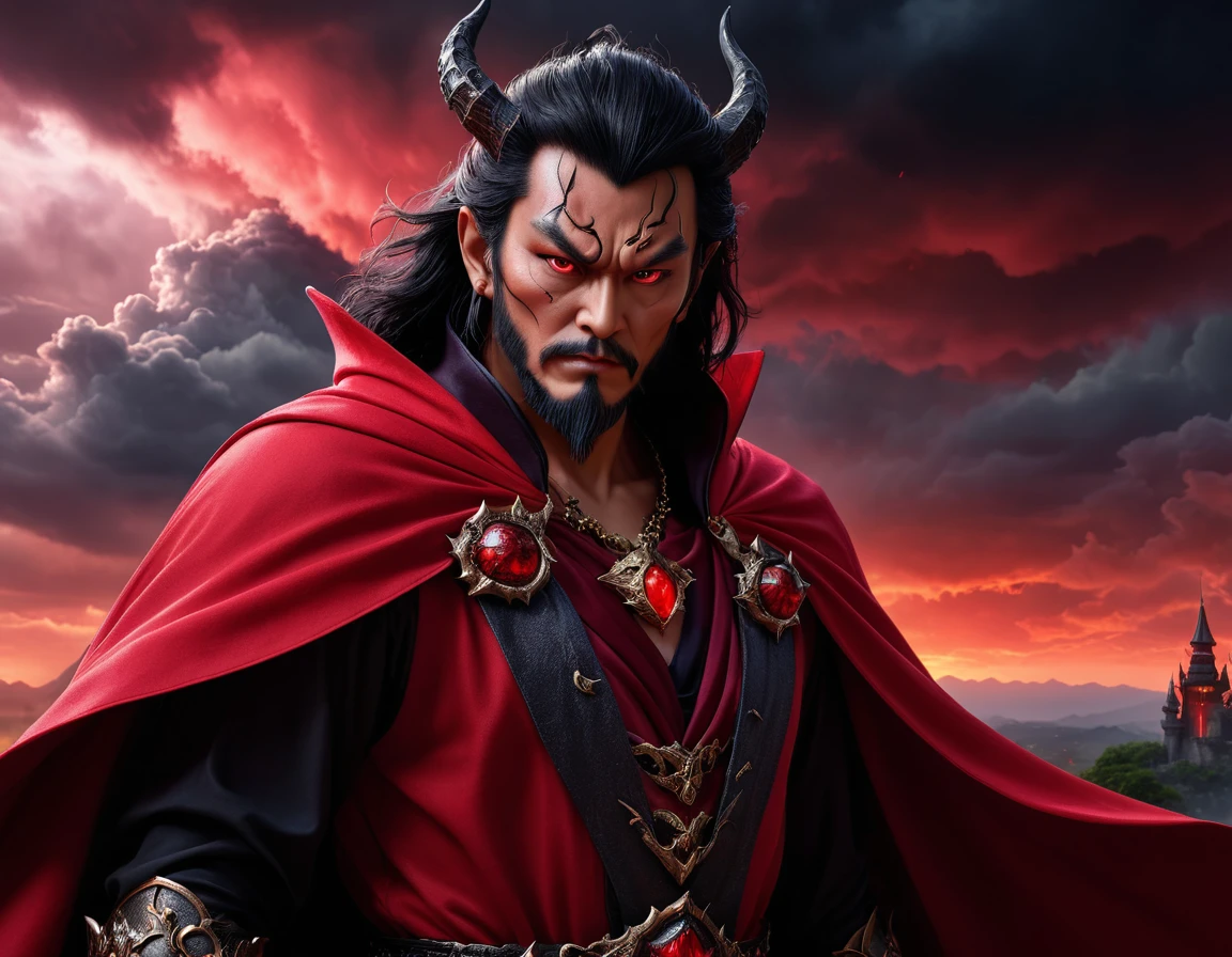 8K high-resolution images, Realist, Eyes on the forehead、Wearing a red cape、Great Wizard、The Demon King with a Scary Face、Impressive、Red sky and black clouds, whole body、Inside the Demon King's Castle