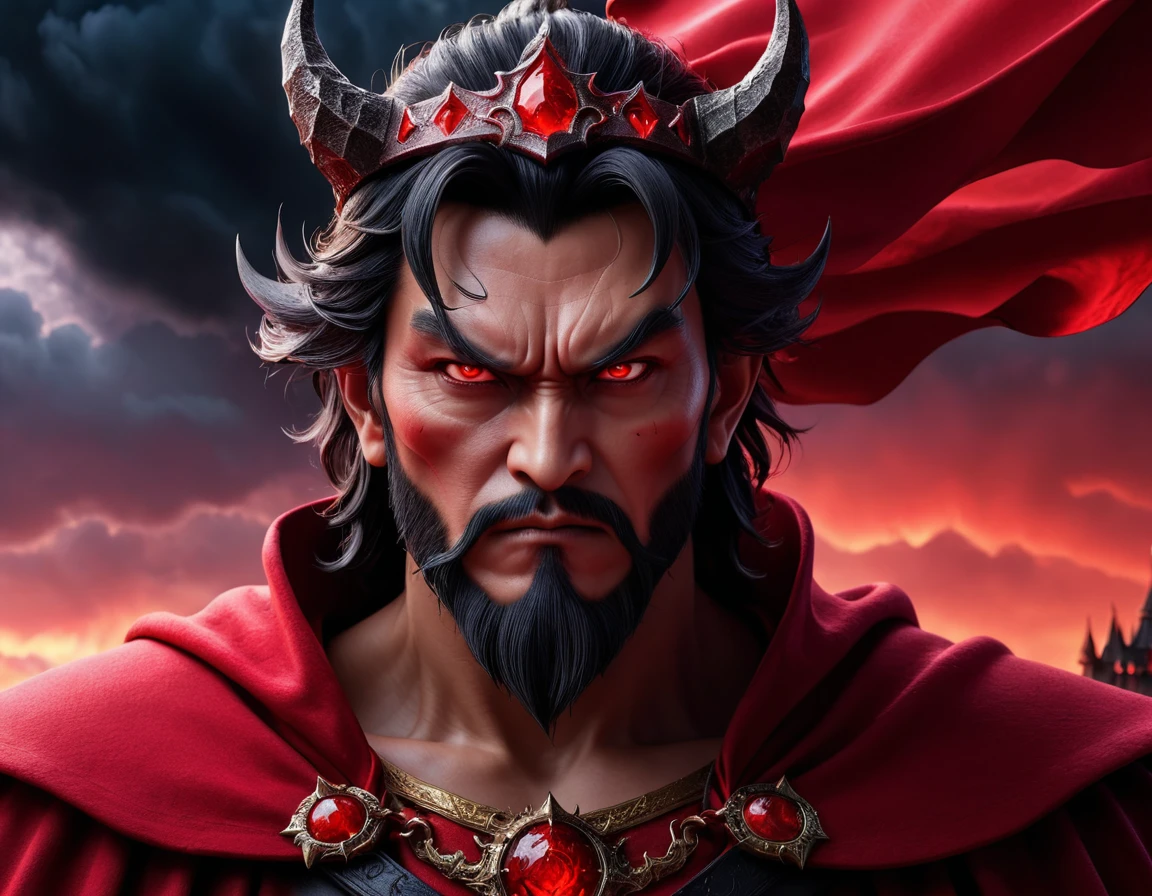 8K high-resolution images, Realist, Eyes on the forehead、Wearing a red cape、Great Wizard、The Demon King with a Scary Face、Impressive、Red sky and black clouds, whole body、Inside the Demon King's Castle