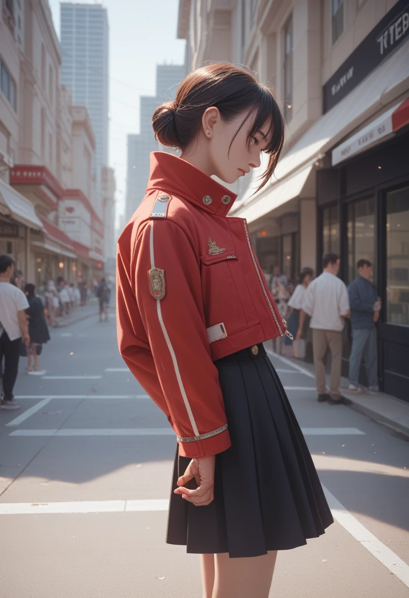 high resolution,masterpiece,best quality,Extremely detailed,National Foundation,1 Girl,City, street,Put your hands behind your back, Black skirt, Red Jacket, Eyes Focus,