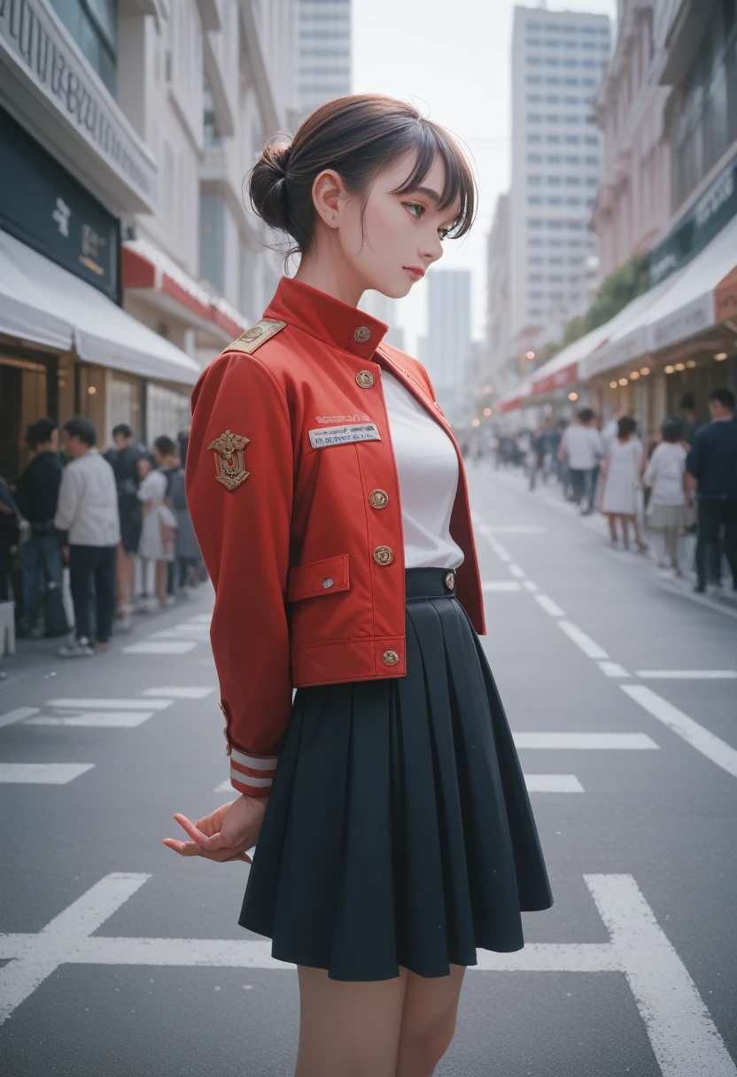 high resolution,masterpiece,best quality,Extremely detailed,National Foundation,1 Girl,City, street,Put your hands behind your back, Black skirt, Red Jacket, Eyes Focus,