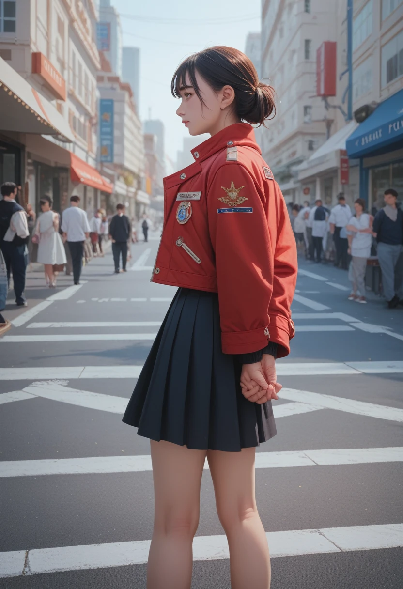 high resolution,masterpiece,best quality,Extremely detailed,National Foundation,1 Girl,City, street,Put your hands behind your back, Black skirt, Red Jacket, Eyes Focus,