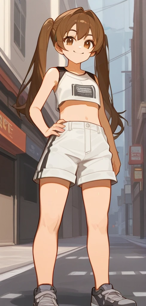 score_9, score_8_up, source_anime, masterpiece, best quality, BREAK 1girl, hand on hip, crop top, shorts, brown hair, twintails, brown eyes, smile, street, rating_safe