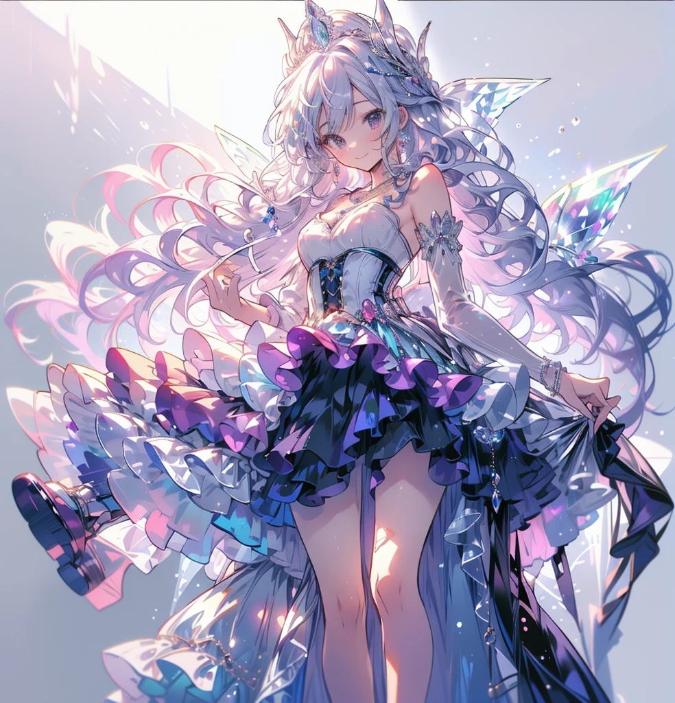 (Exquisite, beautiful, Very detailed, masterpiece, high quality,High resolution),(A full-body illustration of a cutely designed in a beautiful accessory and dress with a deep blue color rich in blue to purple pleochroic richness, Painted with software, A beautiful girl with translucent  is wearing a long princess-line dress with a bright purple draped peplum on the bottom of the corset, Adorned with ribbon and tanzanite, Long white panniers underneath, Tanzanite in the corset., Tanzanite Tiara, Dress shoes, Necklaces and rings,cute, A magical princess dress inspired by tanzanite,(White Background:1.7),smile,Facing forward