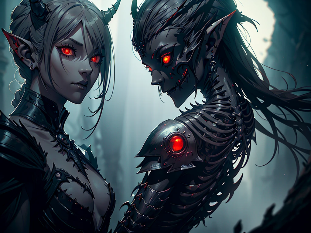 1girl, horror, dark elf princess, elden ring, (dark grey skin:1.5), true white long ponytail, ((perfect red eyes)), elf ears, earrings, detailed blood, highly detailed mechanical horns, (small breasts), ((black gothic prom dress)), wearing black fur cloak, bone armor, skull armor, volumetric lighting, ethereal fog, dark background, ultrasharp, best quality, masterpiece, realistic, anatomically correct, (strong cinematic lighting), ((rim lighting)), stunning details, intricate details, 8k post-production, high resolution, super details, sharp focus, depth of field f/1.8, studio photos, (((looking in the distance)))