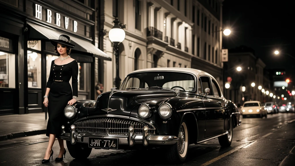 A vintage black and white photograph of an elegant woman standing beside a classic car on a city street at night. The woman has a timeless, glamorous appearance, wearing a stylish dress with polka-dotted sleeves and a matching hat adorned with a decorative brooch. Her hair is styled in soft waves, and she has a confident, poised expression. The street is lit by old-fashioned lampposts, and the blurred background suggests a serene, evening atmosphere typical of a bygone era. The overall scene exudes a sense of classic Hollywood glamour and sophistication.