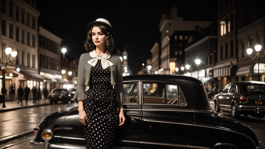 A vintage black and white photograph of an elegant woman standing beside a classic car on a city street at night. The woman has a timeless, glamorous appearance, wearing a stylish dress with polka-dotted sleeves and a matching hat adorned with a decorative brooch. Her hair is styled in soft waves, and she has a confident, poised expression. The street is lit by old-fashioned lampposts, and the blurred background suggests a serene, evening atmosphere typical of a bygone era. The overall scene exudes a sense of classic Hollywood glamour and sophistication.