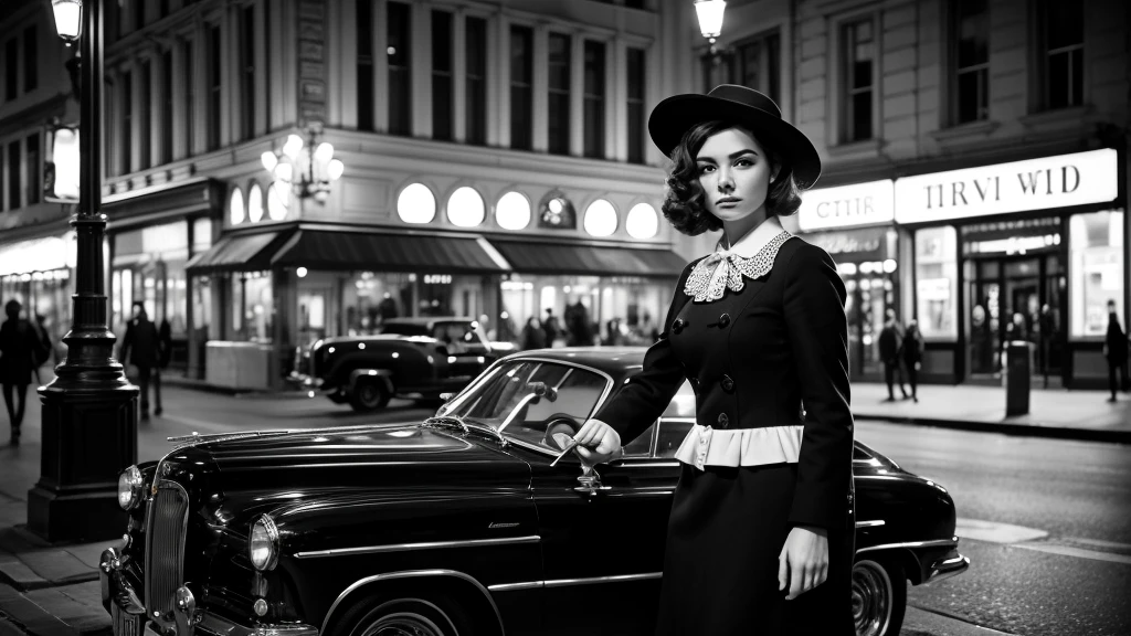 A vintage black and white photograph of an elegant woman standing beside a classic car on a city street at night. The woman has a timeless, glamorous appearance, wearing a stylish dress with polka-dotted sleeves and a matching hat adorned with a decorative brooch. Her hair is styled in soft waves, and she has a confident, poised expression. The street is lit by old-fashioned lampposts, and the blurred background suggests a serene, evening atmosphere typical of a bygone era. The overall scene exudes a sense of classic Hollywood glamour and sophistication.