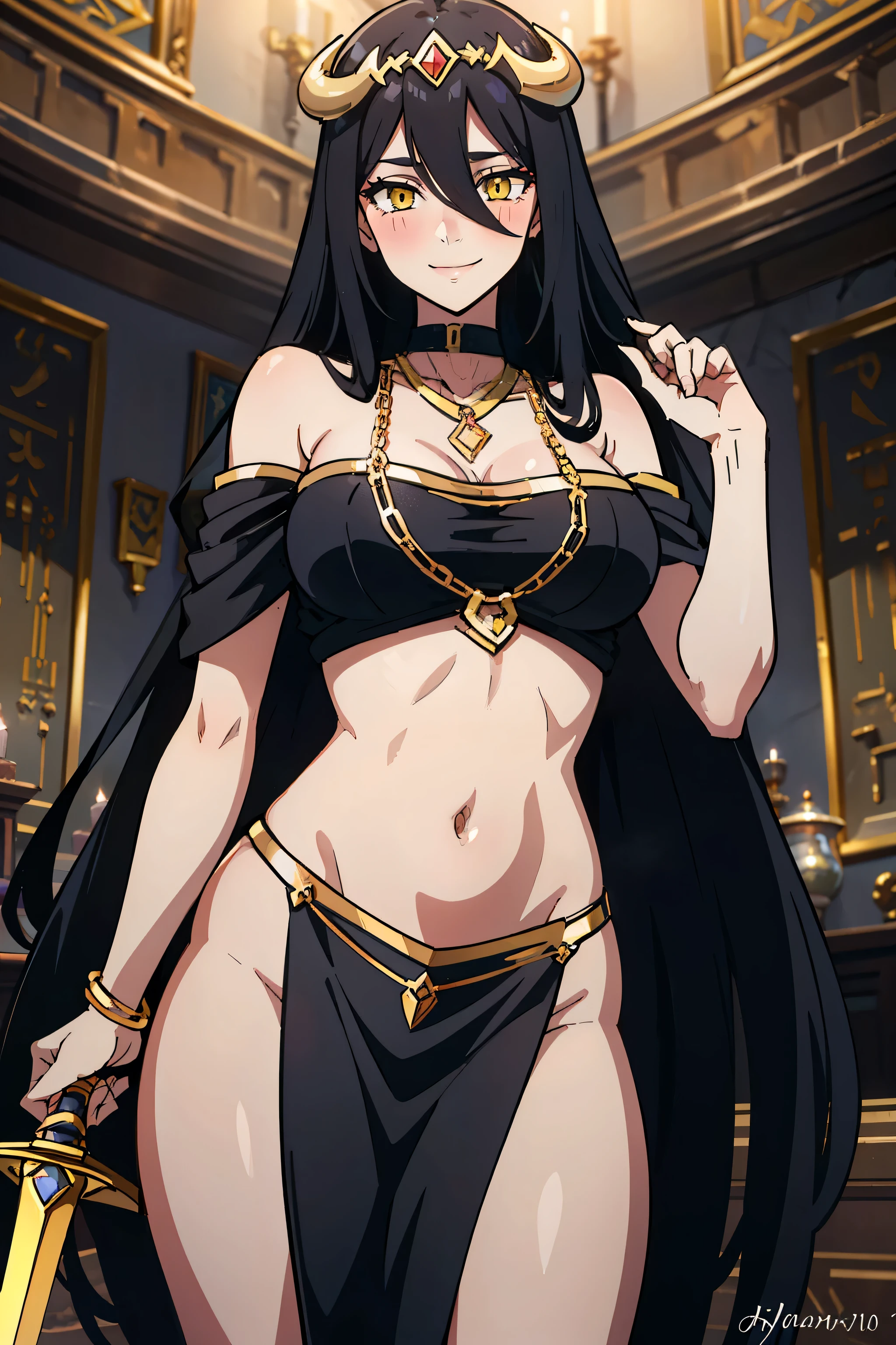 albedo, breasts big, long black hair, yellow  eyes,  evil ssmile,  blush, lipstick, work of art, best qualityer, highy detailed ,Glow Up,high collar,gold_choker, complex detailed background,
por dentro, Stone Wall, old interior, ancient egyptian room, Hieroglyphics, dark lighting, dark atmospher, (cowboy shot), holding a elsword, elsword, tummy_chain,harem_vestimentas,へそ, necklase,
pelvic_drapery,revealing_vestimentass, veil，work of art,best qualityer,1 girl,mellow,evil ssmile, ssmile,
female,mellow,necklase,during, (NSFW) Not safe for work, exposed tummy, exposed へそ, tummy exposta, exposed lower tummy, へそ piercing