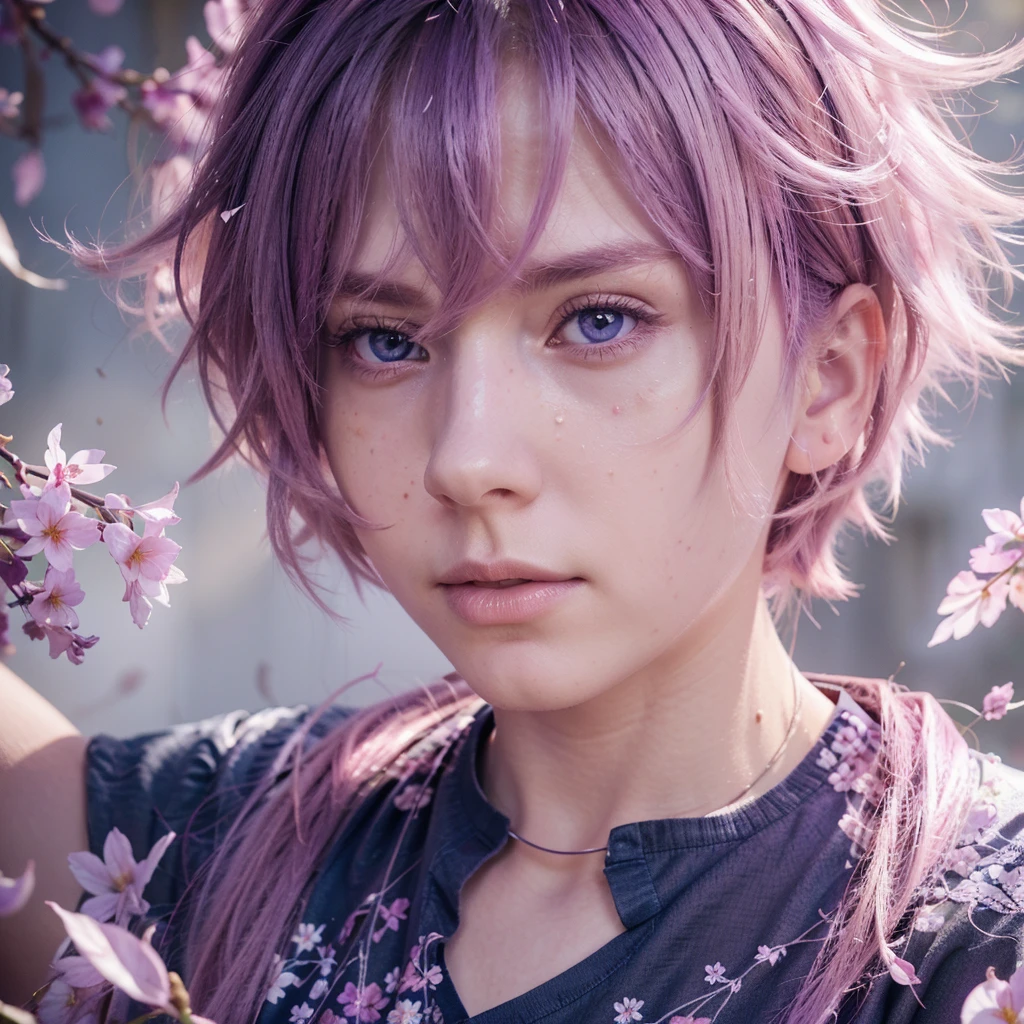 a boy with long pink hair fading to purple, beautiful pink eyes, detailed facial features, wearing a white shirt, surrounded by colorful flower petals, realistic, ultra-detailed, 8k, hyperrealistic, photorealistic, cinematic lighting, vibrant colors, masterpiece