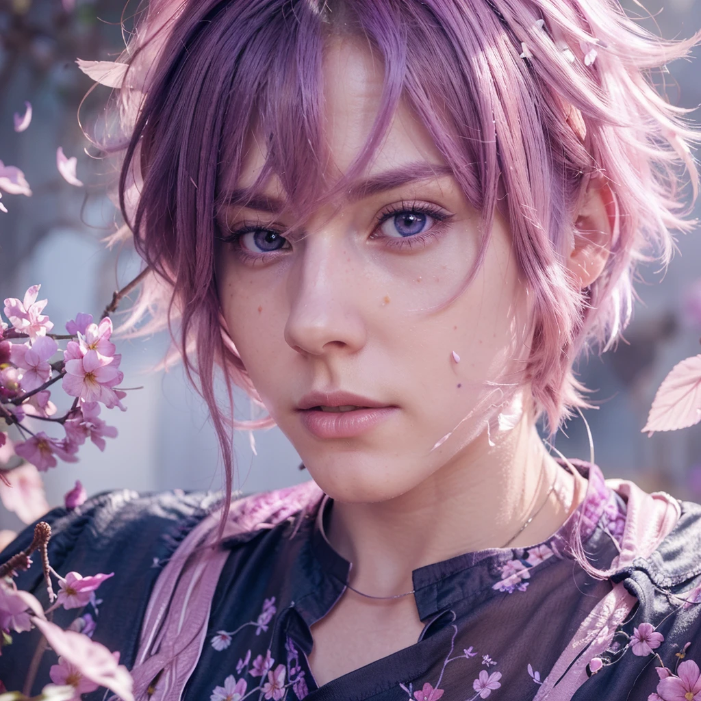 a boy with long pink hair fading to purple, beautiful pink eyes, detailed facial features, wearing a white shirt, surrounded by colorful flower petals, realistic, ultra-detailed, 8k, hyperrealistic, photorealistic, cinematic lighting, vibrant colors, masterpiece