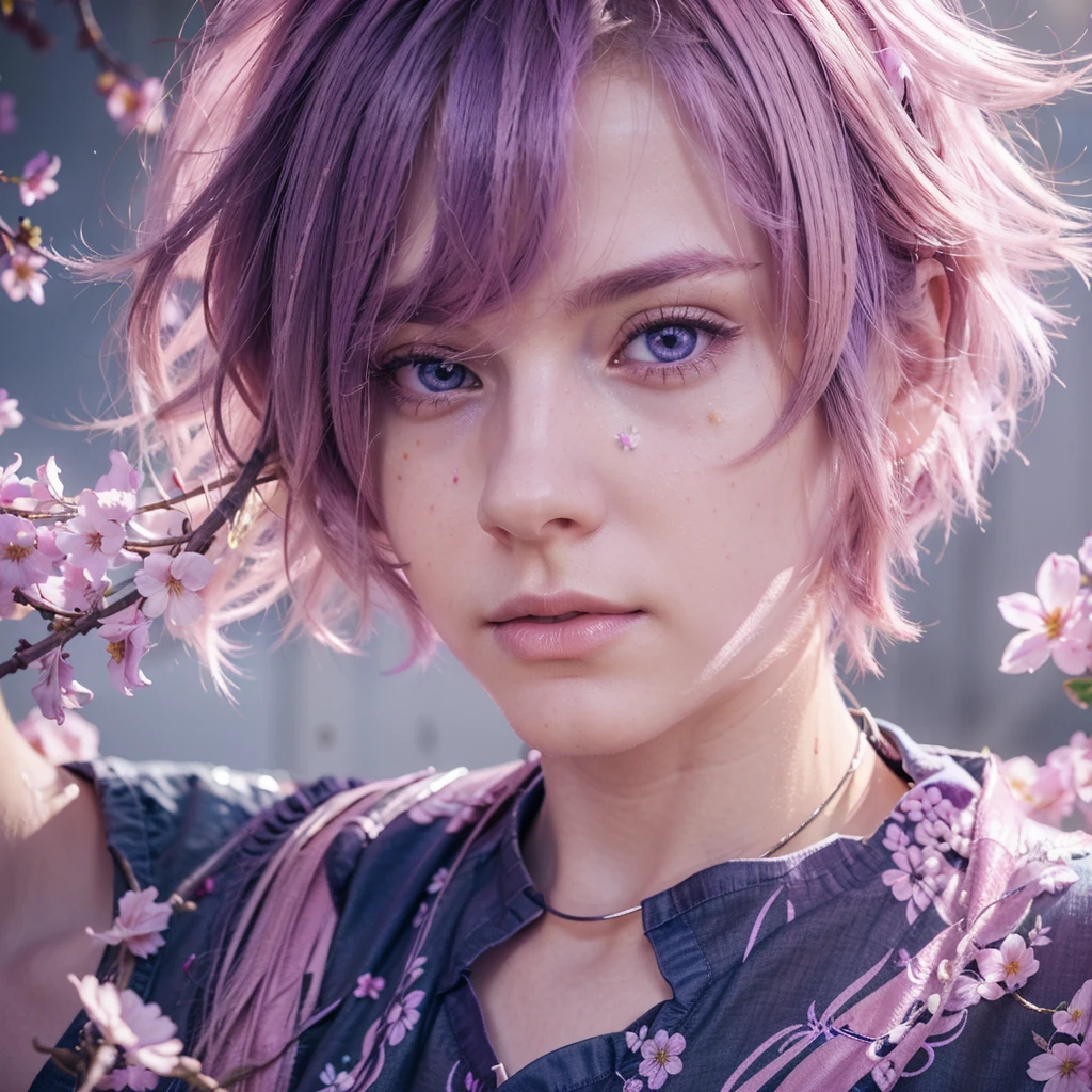 a boy with long pink hair fading to purple, beautiful pink eyes, detailed facial features, wearing a white shirt, surrounded by colorful flower petals, realistic, ultra-detailed, 8k, hyperrealistic, photorealistic, cinematic lighting, vibrant colors, masterpiece