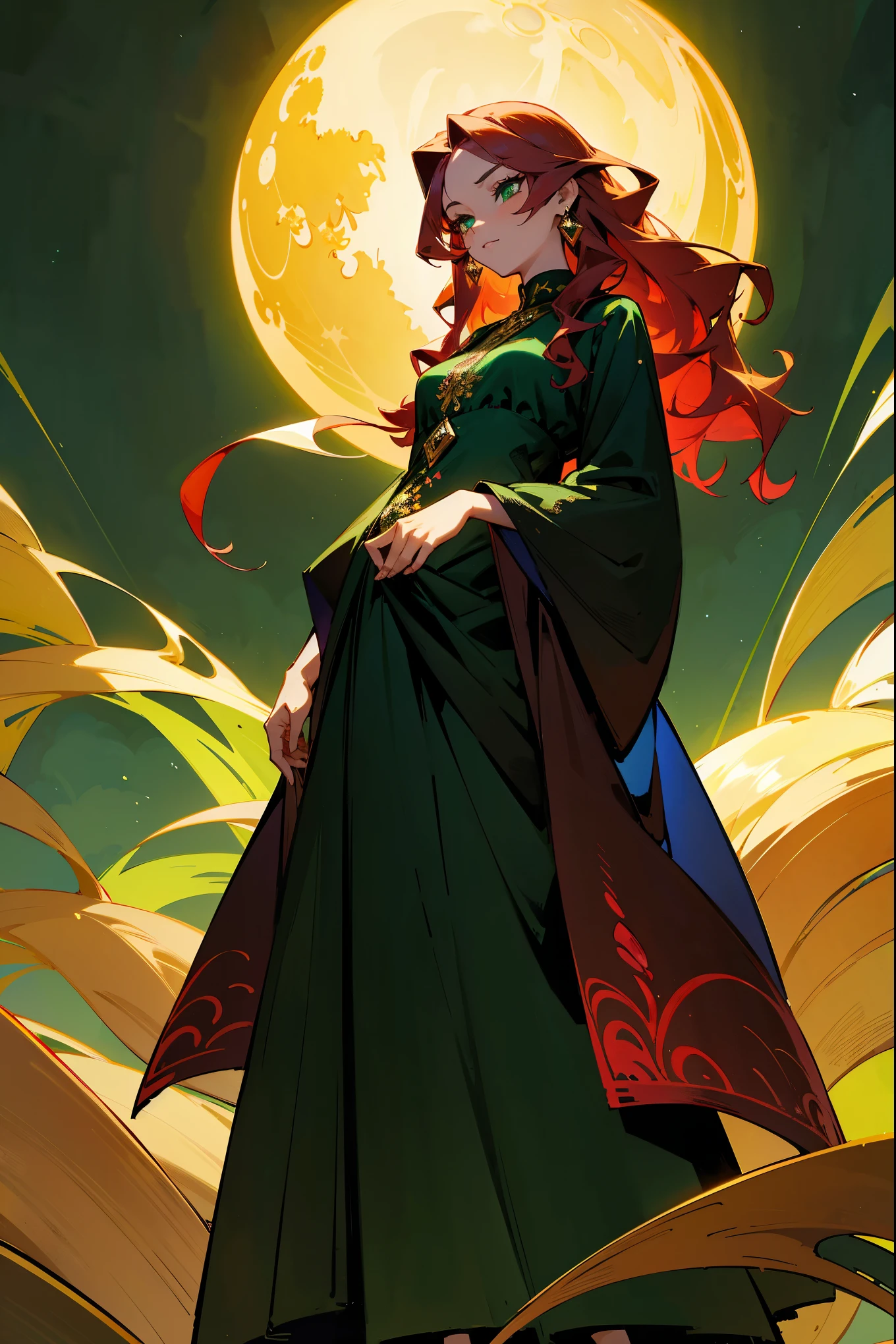 1female, Masterpiece, 8k, a woman with long, wavy maroon hair and emerald green eyes, dressed in a flowing black dress with golden sunburst embroidery, and gold strappy sandals. The background features a mystical forest with bioluminescent plants and a glowing moon. Standing on path.