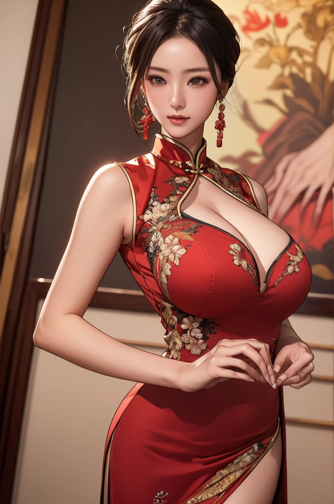 China dressを着た中国人女性,
(((masterpiece:1.2))), ((Highest quality)), ((Intricately detailed)), ((Surreal)), Absurd resolution, Mature Woman, Mature Woman, perspective, Very detailed, figure, One girl, ((Large Breasts)), Perfect hands, Detailed fingers, Beautiful attention to detail, Updo, Brown eyes,(China dress:1.2), Earrings, Detailed Background, Perfect Eyes, Seductive eyes, Looking at the audience, from the front,