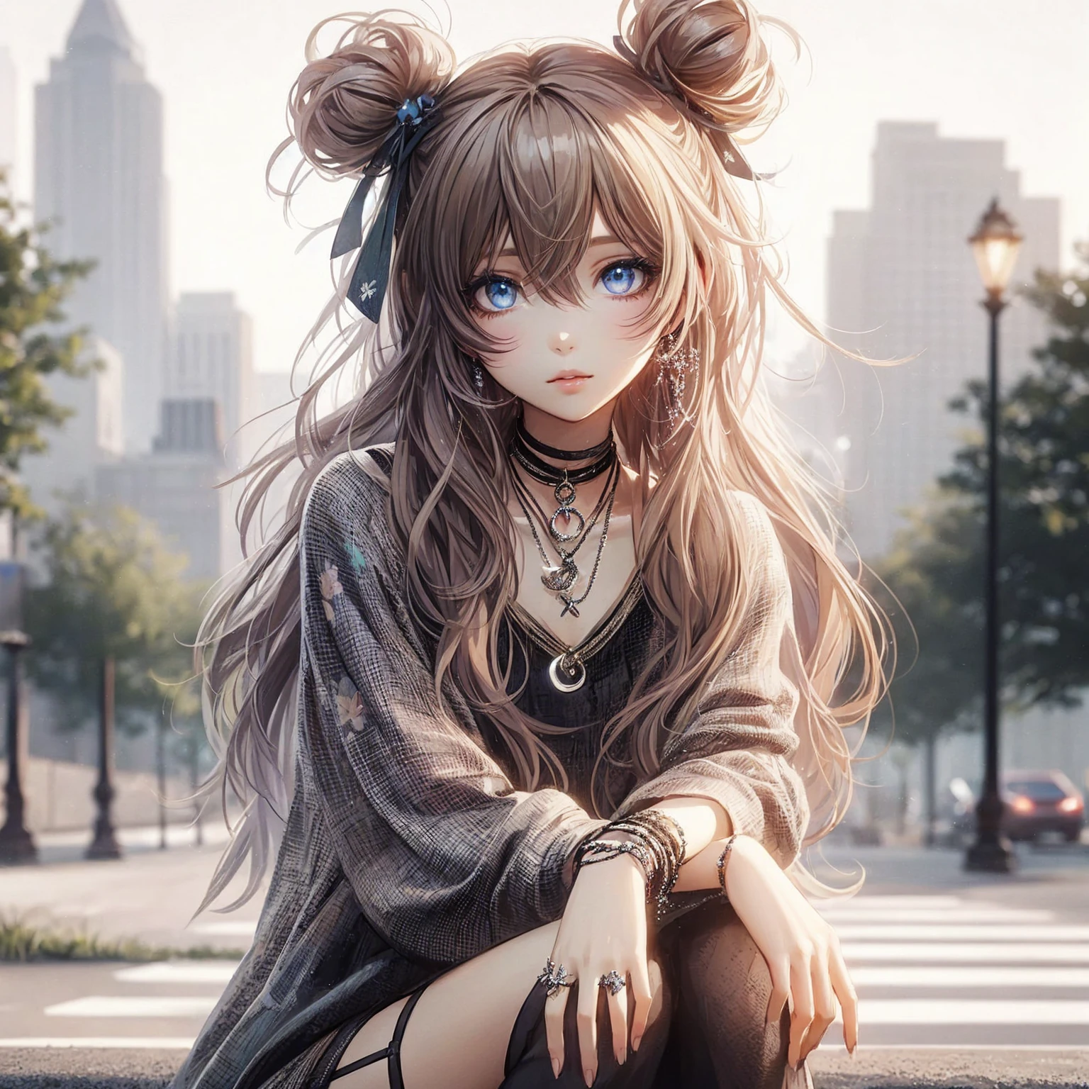 A beautiful anime girl with captivating eyes, full detailed lips, and a lovely dress, posing gracefully in a vibrant, softly lit digital illustration. Blond hair Blue eyes