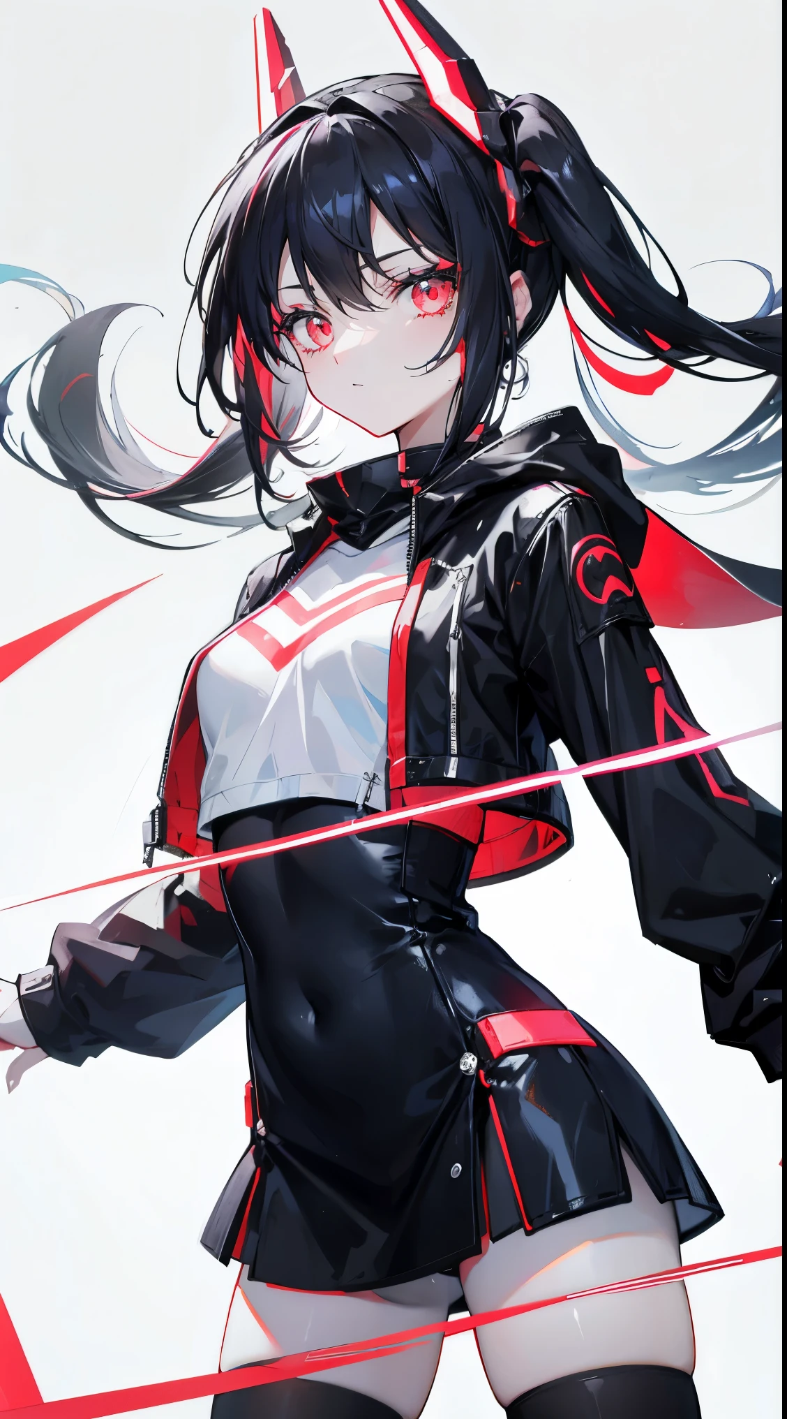 Remove all background,white solid background,Black tights,black hair,Neon hair accessories,Red pupil,High and cold,stand at attention,ID photo