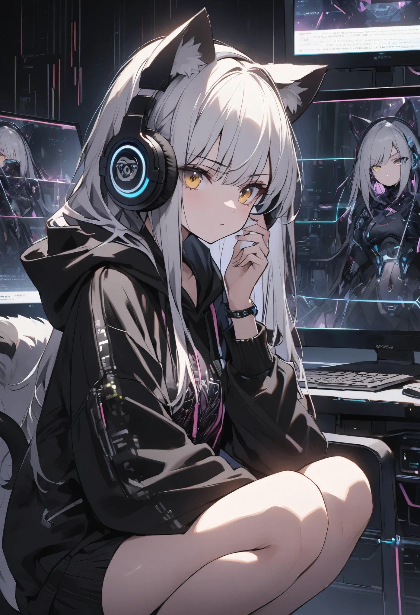 Detailed silhouette of a cyberpunk girl with cat ears and a tail operating a transparent touch panel monitor displayed in the space in front of her face, Silver Hair、Semi-long hair、Put on some cool headphones,{{{{{{{{ Oversized black hoodie }}}}}}}},Beautiful and delicate golden eyes,thought,Black clothes, Detailed Background, Golden Ratio, High resolution burning, Serious expression, Cyber Girl, Room surrounded by computers, Cowboy Shot, Standing and squatting on a chair, Looking at the monitor