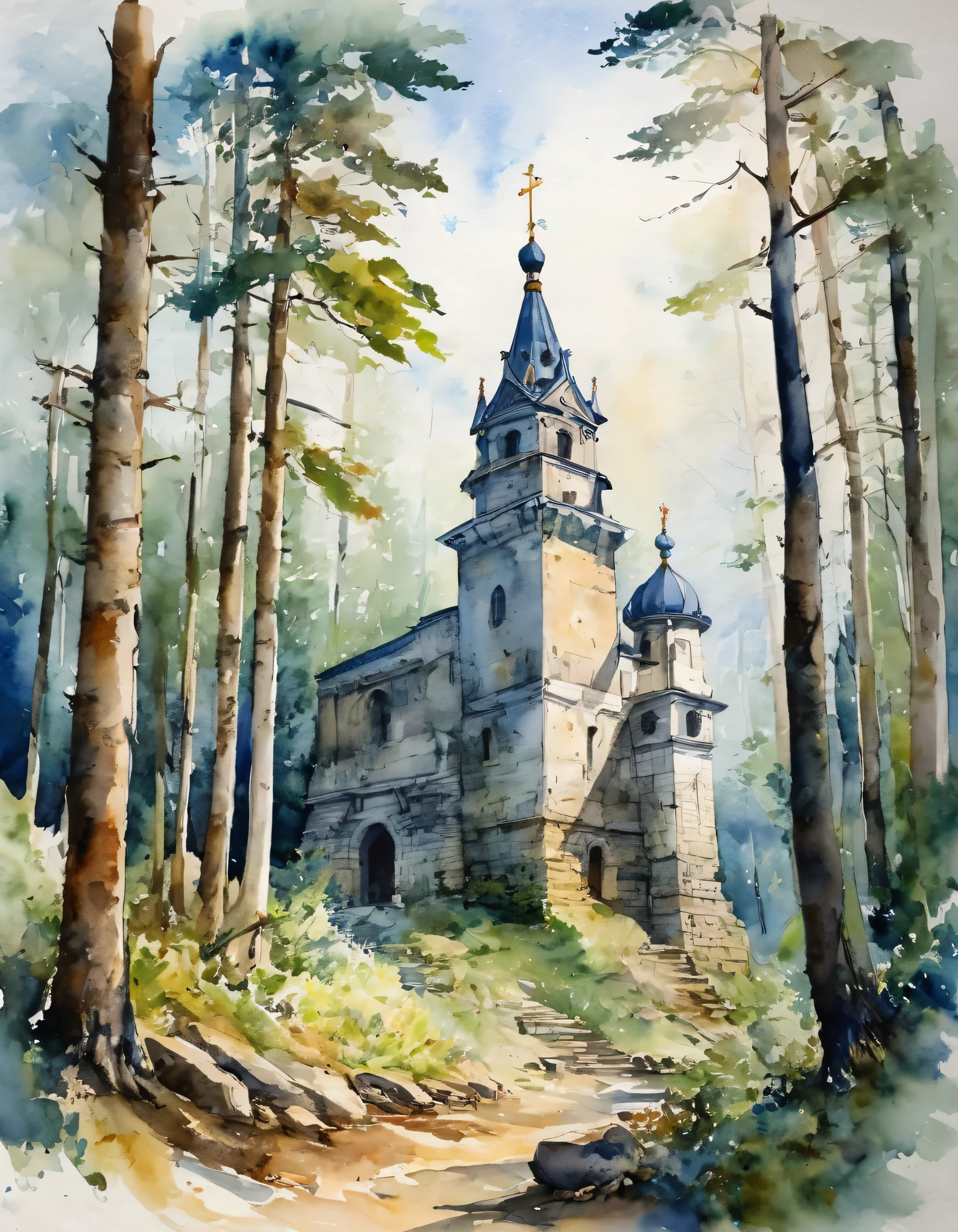English watercolor,on a white background,old fortress in the forest,
transparently,
filigree,4D,Christian Granu (Christian Graniou)