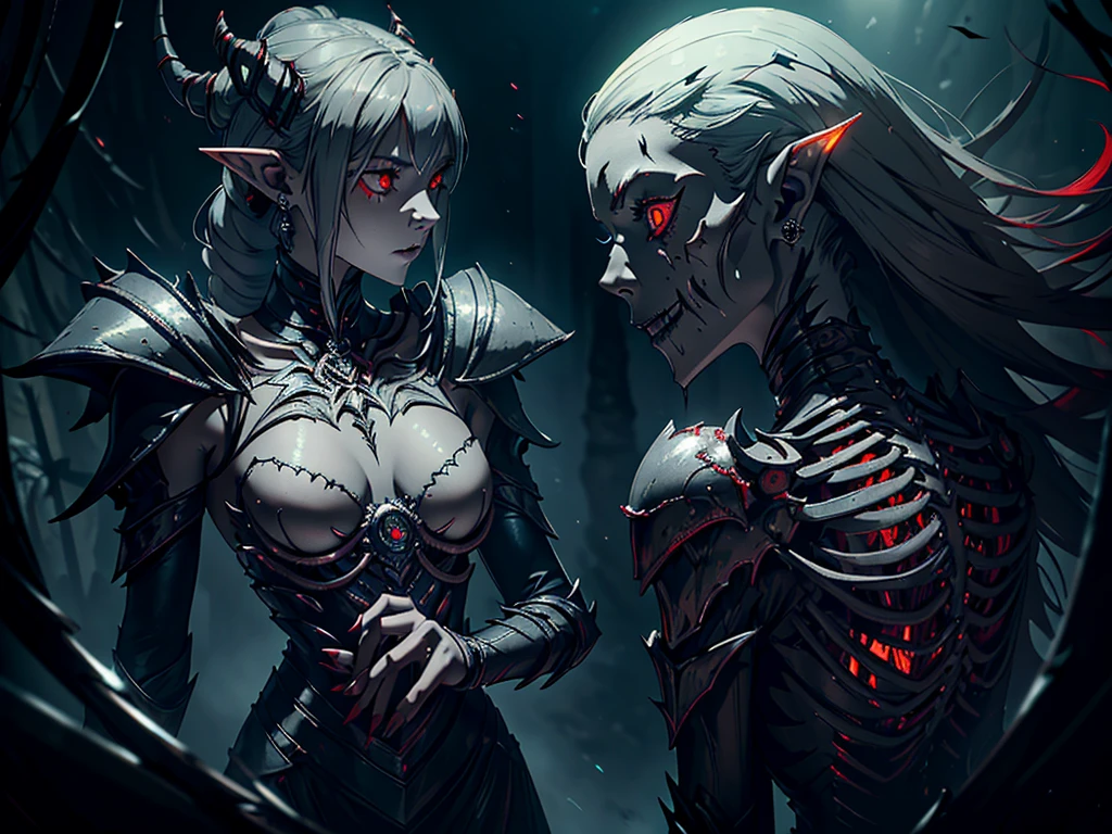 1girl, horror, dark elf princess, elden ring, (dark grey skin:1.5), true white long ponytail, ((perfect red eyes)), elf ears, earrings, detailed blood, highly detailed mechanical horns, (small breasts), ((black gothic prom dress)), wearing black fur cloak, bone armor, skull armor, volumetric lighting, ethereal fog, dark background, ultrasharp, best quality, masterpiece, realistic, anatomically correct, (strong cinematic lighting), ((rim lighting)), stunning details, intricate details, 8k post-production, high resolution, super details, sharp focus, depth of field f/1.8, studio photos, (((looking in the distance)))