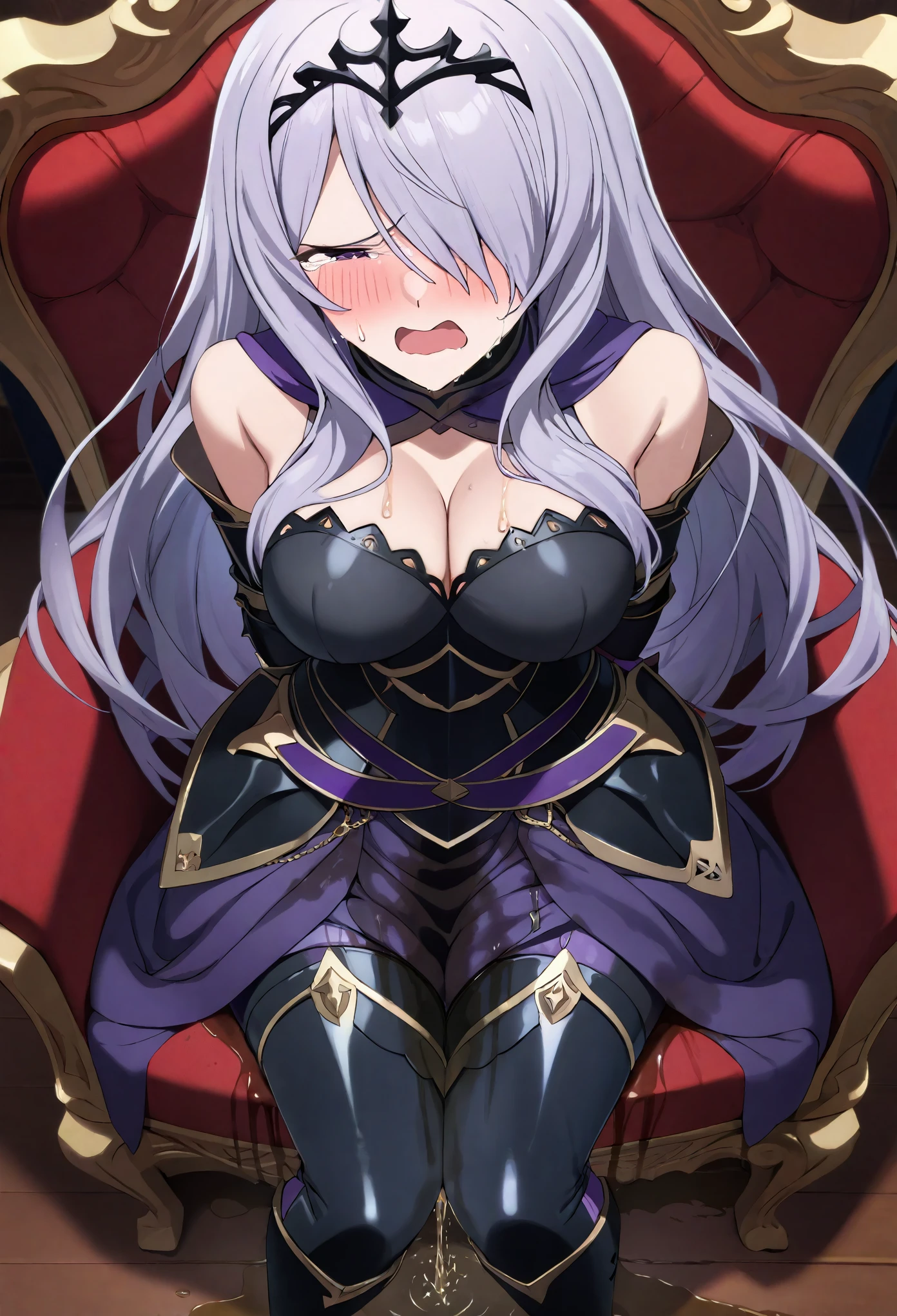 (high quality,Very detailed:1.37, High resolution), Woman, defCm, hair over one eye, black tiara, purple capelet, black armor, cleavage, gauntlets, gloves, armored legwear, armored leggings, see-through, masterpiece, best quality, (wetting herself:2.0), embarrassed, humiliation, sweating, (blushing:2.0), (angry:1.5), tears, (sitting:1.5), throne, (hands behind back:2.0), from above, anime screencap