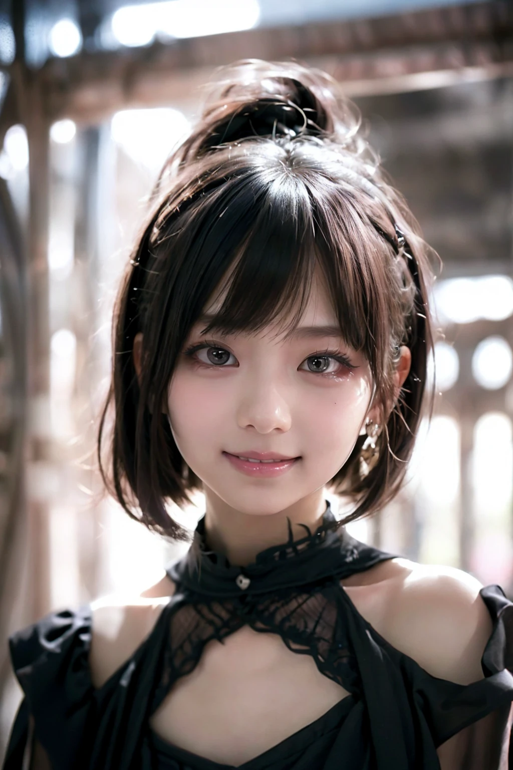best quality, highres, anatomically correct, 8K、(((Beautiful girl small breasts))),Wearing a black jacket、Cyberpunk Red Green Background、(((Upper body naked))),smile,,、Round face,Big eyes, Round eyes、No makeup、Sweaty