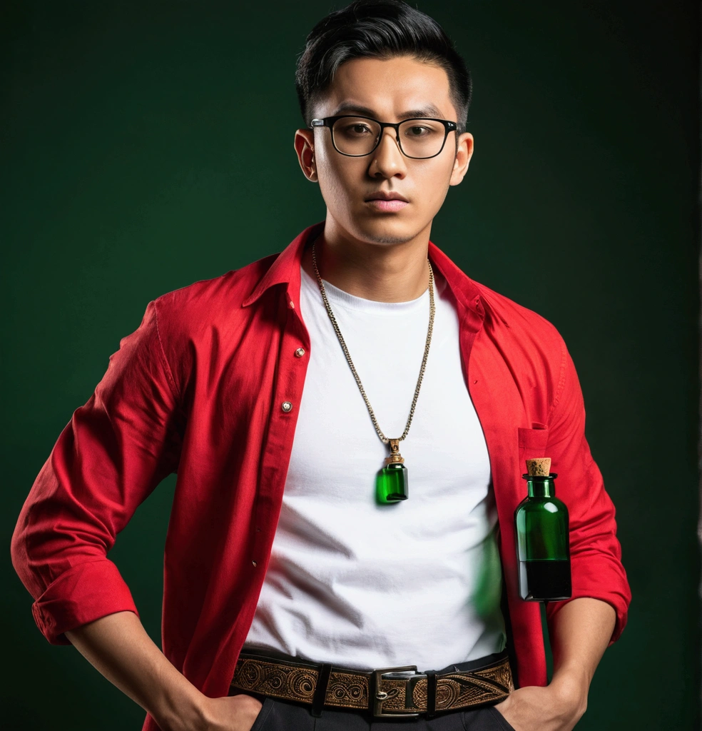 arafed young man asian, in a red shirt and a white t-shirt, pendant black arabia, dramatic portrait, belt big green bottle, wearing glasses 