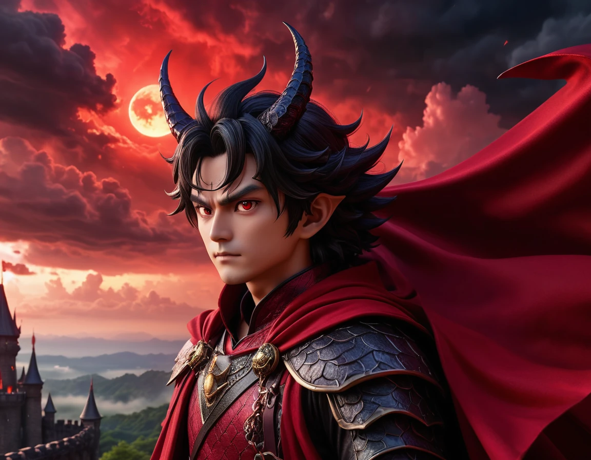 8K high-resolution images, Realist, Eyes on the forehead、Wearing a red cape、Great Wizard、The Demon King with a Scary Face、Impressive、Fantasy、Red sky and black clouds, Aura emanates from the whole body、Inside the Demon King's Castle、Dragon Quest style images