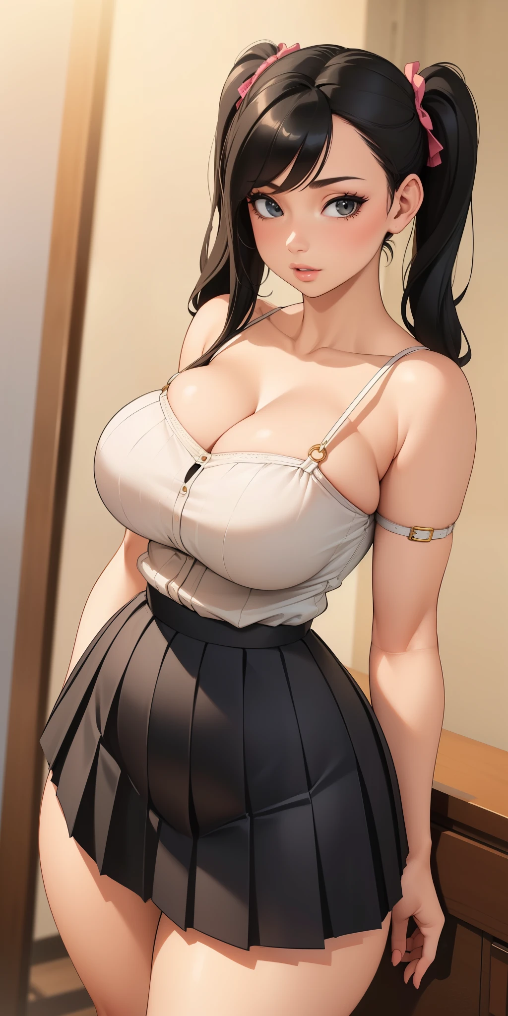 best quality, ultra-detailed, photorealistic: 1.39) masterpiece, best quality,  (long pleated  skirt and strap blouse), (Average breasts, perfect waist breast), firm breasts, slim waist, curvy figure, sonia, black hair with voluminous pigtails,farm, house