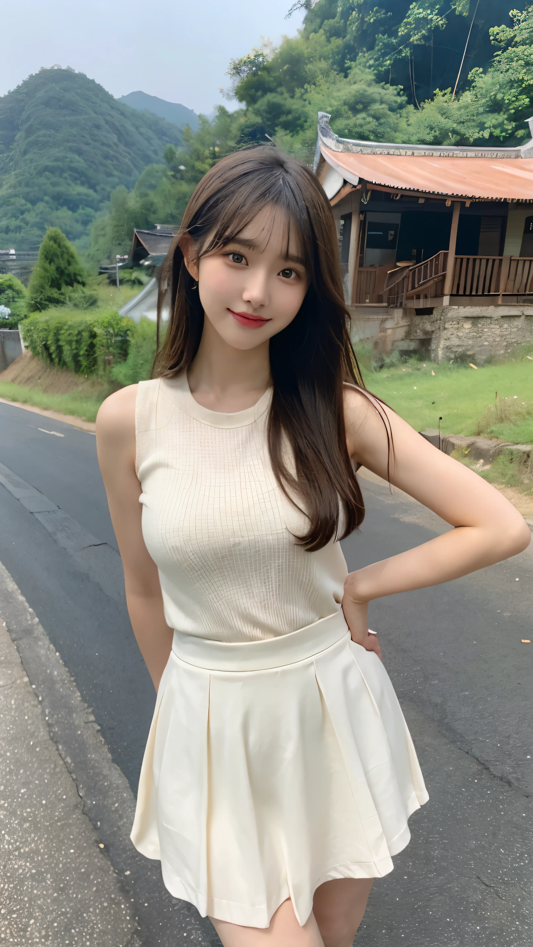 Chinese Girl、17 year old girl、Long hair、Bangs、Brown eyes、Perfect body、transparency、luster、Large Breasts、tight skirt,Cute face,Full figure,Seductive Stance,Rural,Dilapidated mountain village,Dirt Road,dance,Carve idol poses、sock、Standing,Beautiful Feet,Long legs、whole body、panoramic、I can see your thighs、Smile,Farmers passing by,A little yellow dog passing by