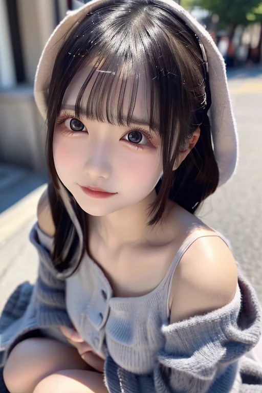 ((Full body photography))、Highest quality、High resolution、超High resolution（Real：1.4）、((jirai kei、Off the shoulder,chool:1.3)、18-year-old、Japanese women、Small breasts、(looking at the camera)、Cute round face、smile、((Shiny gray hair))、looking at the camera、Sparkling eyes、Lips shining with lip gloss、Natural light、(()）、(((Flat breasts、Small breasts)))、(smallバスト:1.4)、smallバスト、(slim、small、Flat、small)、thin、Delicate and sexy collarbone、One Girl、(beautiful girl、Delicate girl:1.3)、(18-year-old:1.3)、Very beautiful eyes、(Symmetrical eyes:1、Brown eyes、Parted bangs、(Eye and facial details:1.0) )、Real実写、Photogenic transparency、Detailed eyes、Gradation、Perfect anatomical figure、Woman with perfect body、Highly detailed skin、Highly detailed face、Beautiful eyes in every detail、Background Blur、Sexy pose、