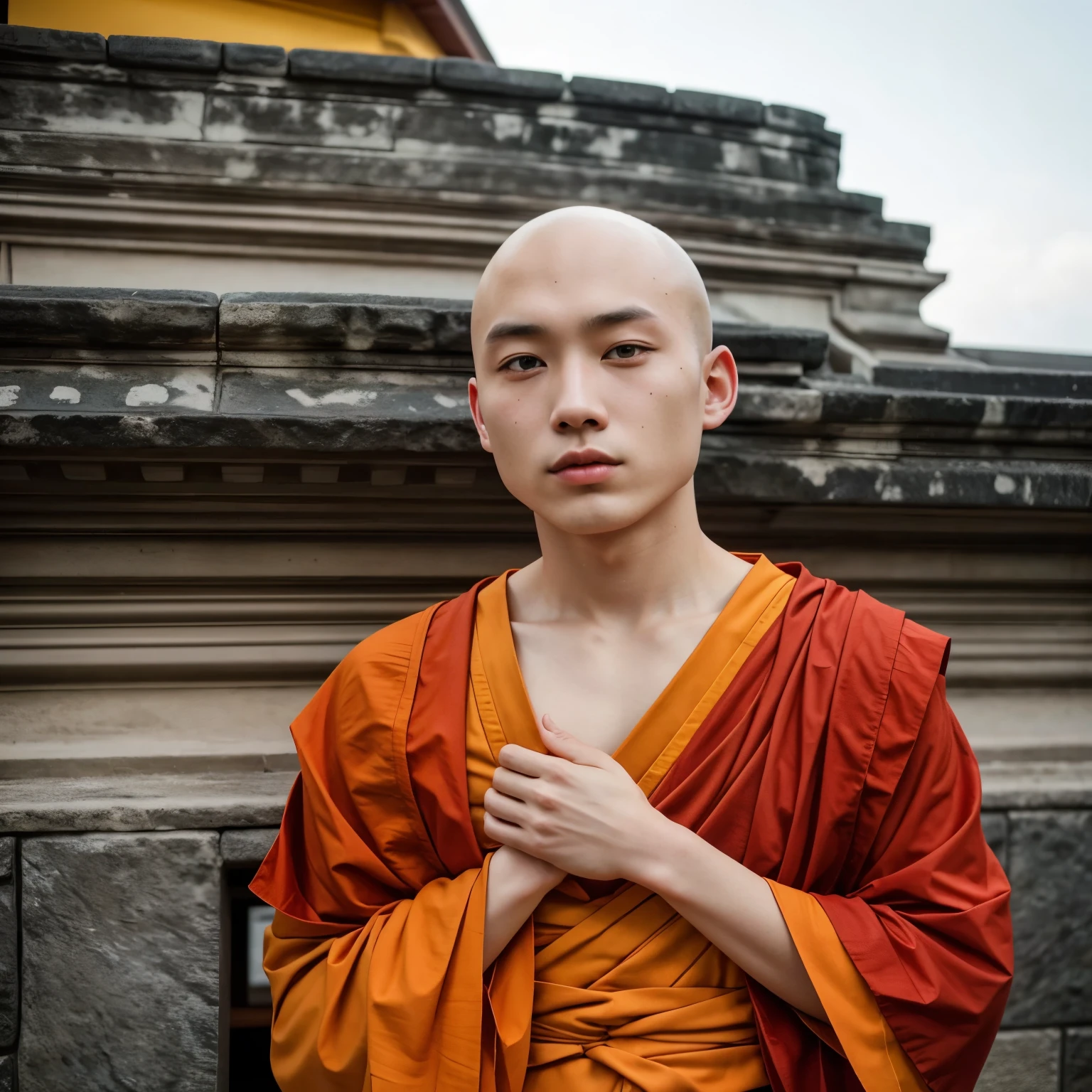 Masterpiece, hd,detailed, best quality, 1boy, 20 y.o man, Japanese man, bald,no hair, (bald:1.2),  buddhist monk, Thailand, outdoor, standing 