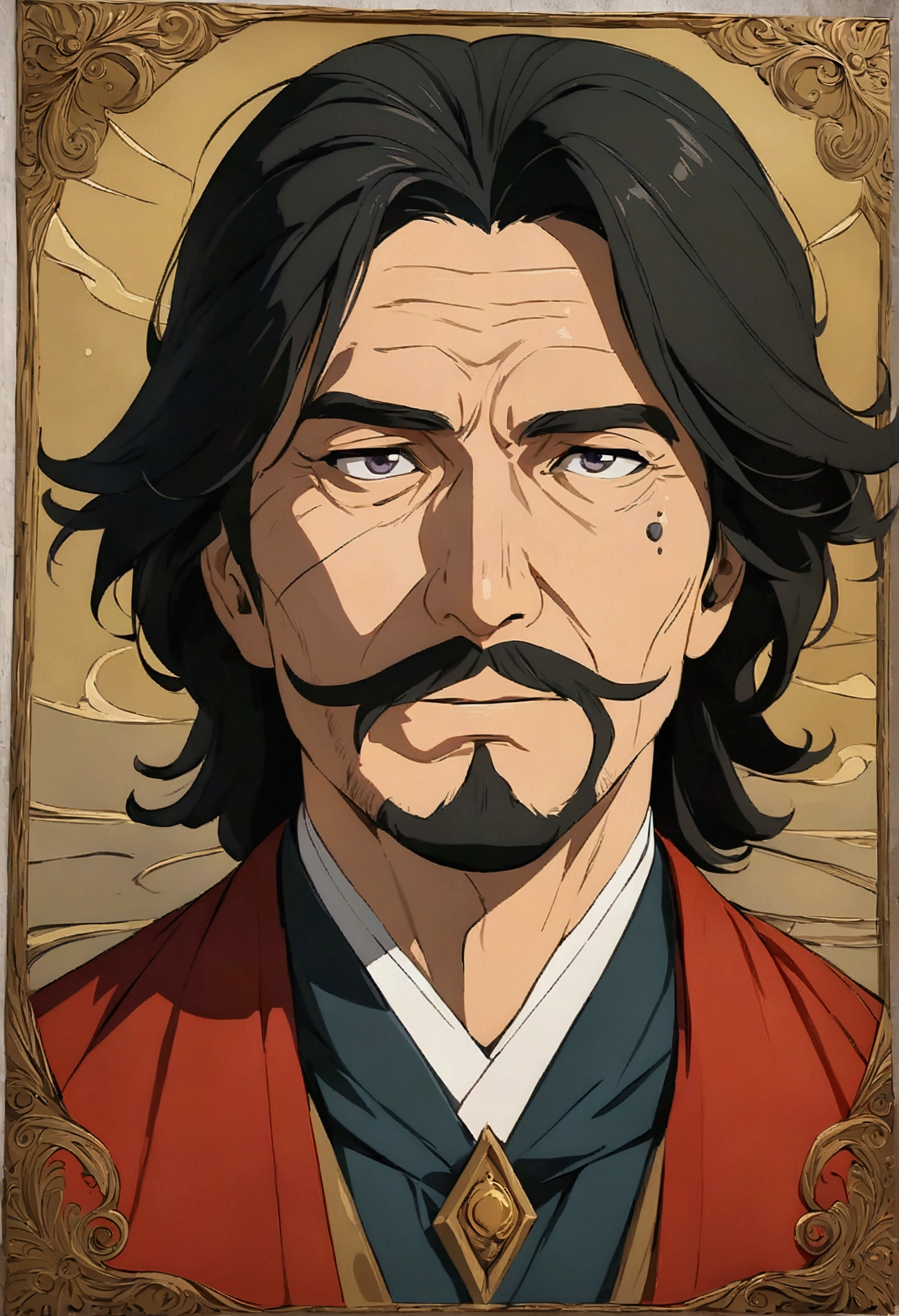 A middle aged man with medium length black hair, a wart under the eye, and facial hair, em um tiro de cowboy, conceptual artwork, In art, anime styling, masterpiece quality, accurate detail, 1080P, 4K