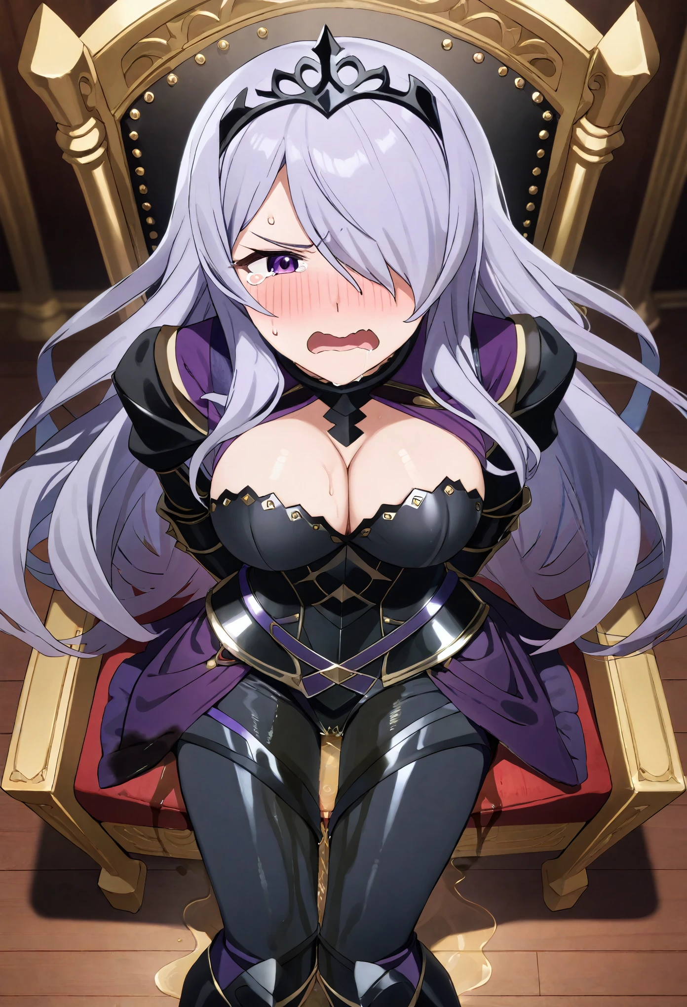 (high quality,Very detailed:1.37, High resolution), Woman, defCm, hair over one eye, black tiara, purple capelet, black armor, cleavage, gauntlets, gloves, armored legwear, armored leggings, see-through, masterpiece, best quality, (wetting herself:2.0), embarrassed, humiliation, sweating, (blushing:2.0), (angry:1.5), tears, (sitting:1.5), throne, (hands behind back:2.0), from above, anime screencap