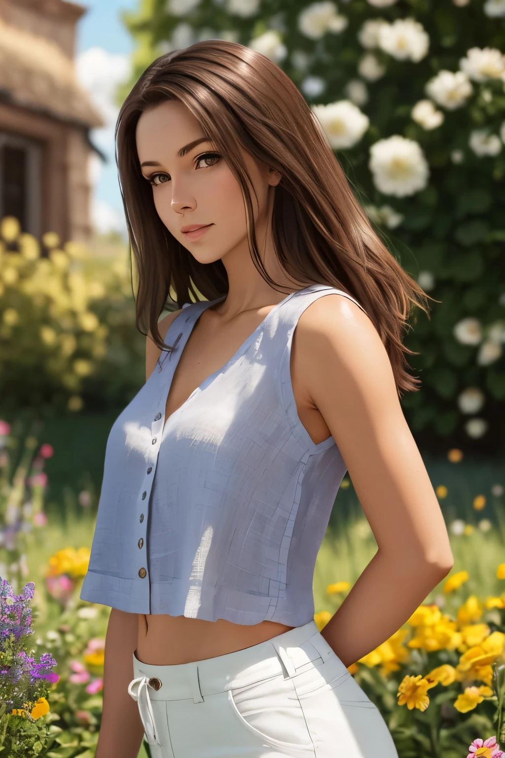 beautiful woman, brunette hair, linen top, suntanned, perfect anatomy, sunshine, best quality, high resolution,raw photo, in the garden, 8k, depth of field,