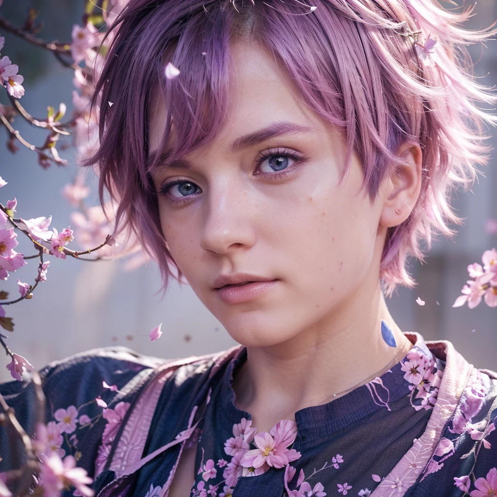 a boy with pink hair fading to purple, beautiful pink eyes, detailed facial features, wearing a white shirt, surrounded by colorful flower petals, realistic, ultra-detailed, 8k, hyperrealistic, photorealistic, cinematic lighting, vibrant colors, masterpiece