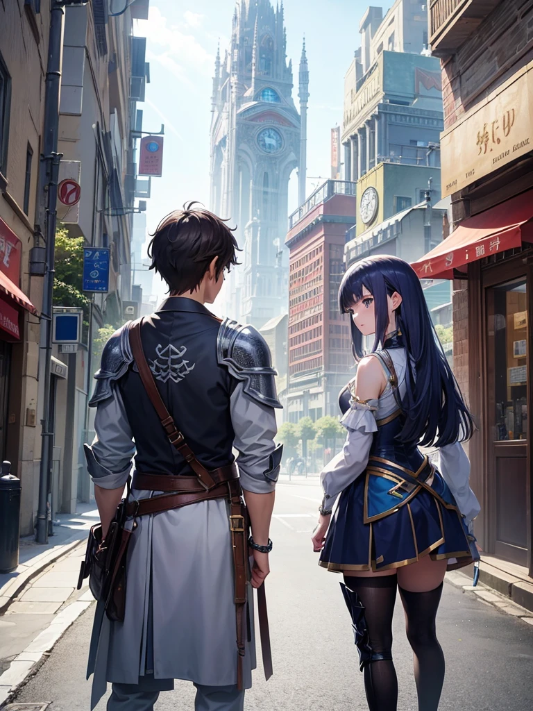 Manga cover, Girl stands back to back with a guy, the boy is dressed in a and the girl is dressed in magical fantasy armor, fantasy world and urban city, Isekai, dimension rift