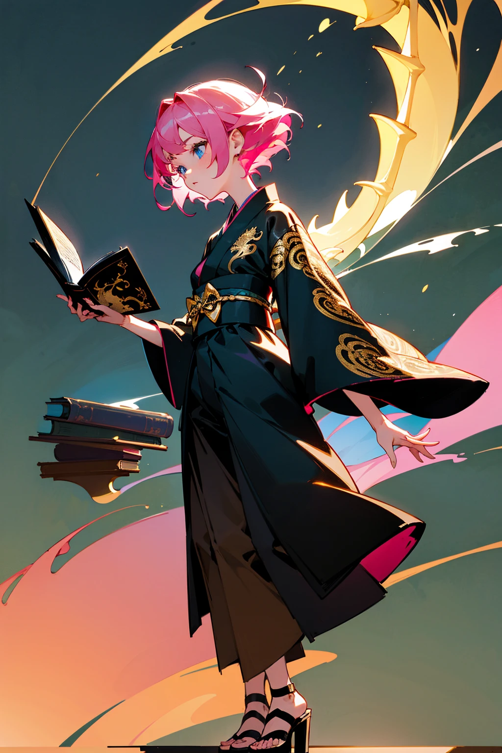 Masterpiece, 8k, a girl with short pink hair and bright blue eyes, wearing a chic black and gold kimono with dragon embroidery, high-waisted black trousers, and heeled sandals. The background is an old, enchanted library with floating books and mystical lights. Standing on path.