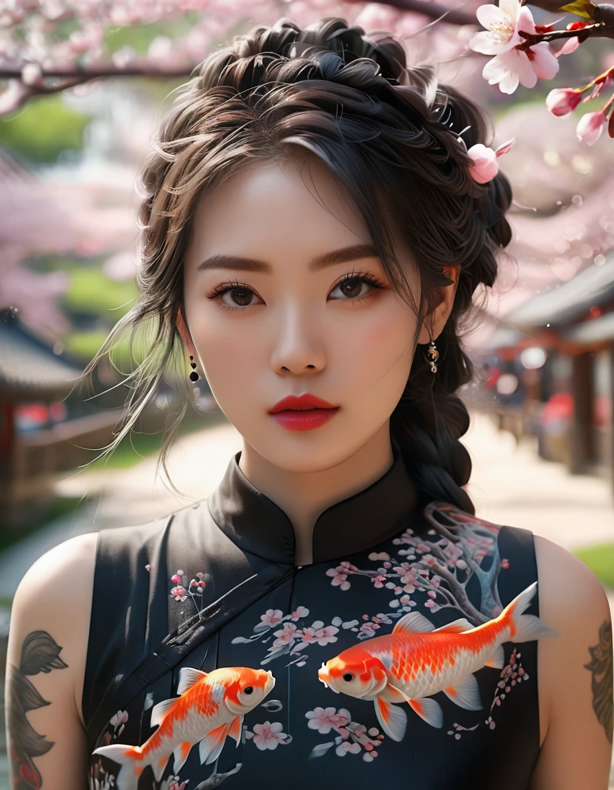 Hyperrealistic portrait of a stunning Korean kpop idol with a white braided ponytail, full sleeve koi fish tattoo, and red lips, wearing a tight all-black sleeveless dress amidst a breathtaking cherry blossom landscape. Canon R5, 200mm lens, sharp focus, and shot in RAW format. The photograph showcases an intricate, photorealistic, and highly detailed face in 8k HD quality. ((8k, RAW photo, highest quality, masterpiece), High detail RAW color photo professional photo, (realistic, photorealism:1.5), (highest quality), (best shadow), (best illustration), ultra high resolution, highly detailed CG unified 8K wallpapers, physics-based rendering, cinematic lighting, photorealistic, photo, masterpiece, realistic, realism, photorealism, high contrast, photorealistic digital art trending on Artstation 8k HD high definition detailed realistic, detailed, skin texture, hyper detailed, realistic skin texture, armature, best quality, ultra high res, (photorealistic:1.4), high resolution, detailed, raw photo, sharp, nikon d850 film stock photograph 4 kodak portra 400 camera f1.6 lens rich colors hyper realistic lifelike texture dramatic lighting unreal engine trending on artstation cinestill 800)