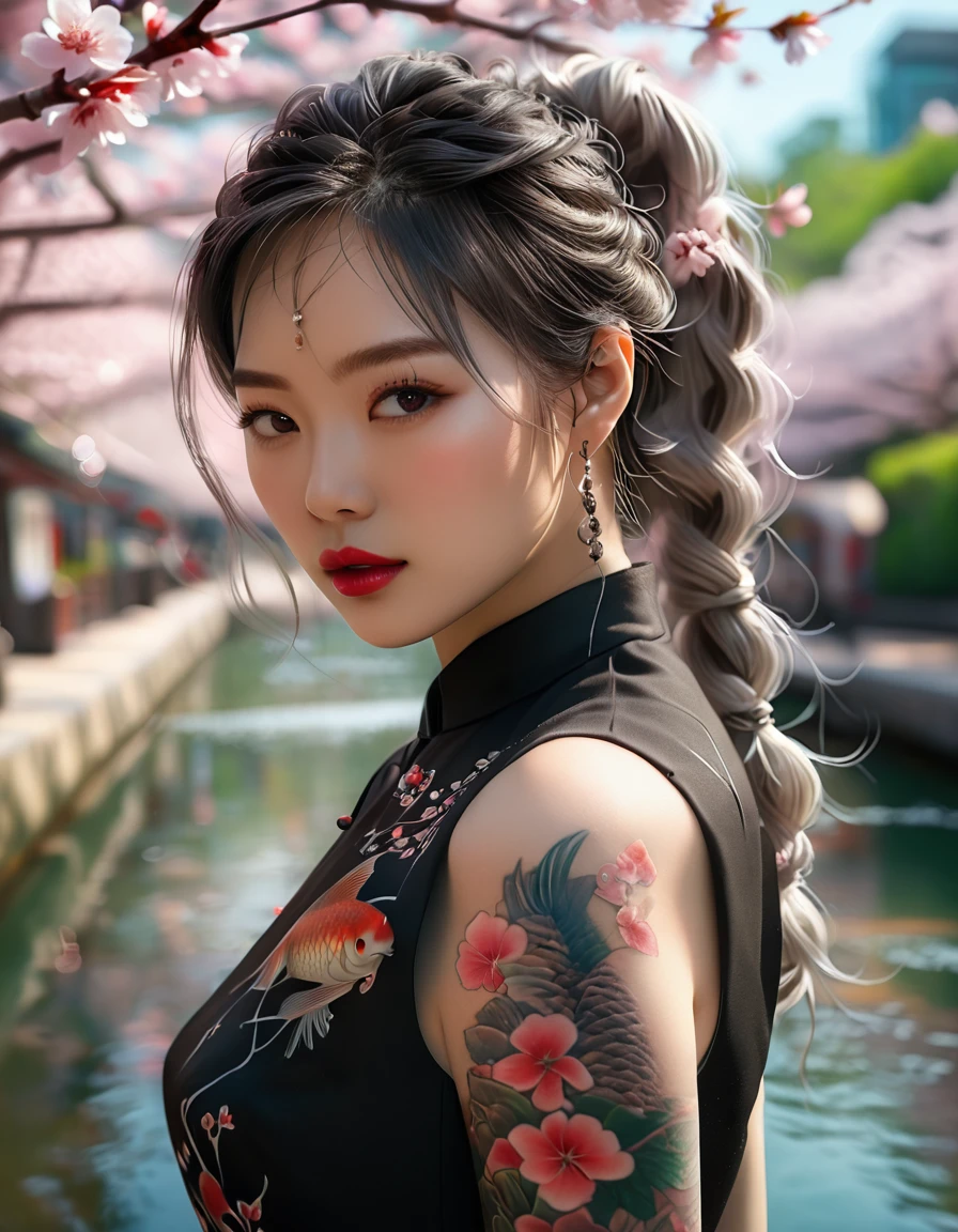 Hyperrealistic portrait of a stunning Korean kpop idol with a white braided ponytail, full sleeve koi fish tattoo, and red lips, wearing a tight all-black sleeveless dress amidst a breathtaking cherry blossom landscape. Canon R5, 200mm lens, sharp focus, and shot in RAW format. The photograph showcases an intricate, photorealistic, and highly detailed face in 8k HD quality. ((8k, RAW photo, highest quality, masterpiece), High detail RAW color photo professional photo, (realistic, photorealism:1.5), (highest quality), (best shadow), (best illustration), ultra high resolution, highly detailed CG unified 8K wallpapers, physics-based rendering, cinematic lighting, photorealistic, photo, masterpiece, realistic, realism, photorealism, high contrast, photorealistic digital art trending on Artstation 8k HD high definition detailed realistic, detailed, skin texture, hyper detailed, realistic skin texture, armature, best quality, ultra high res, (photorealistic:1.4), high resolution, detailed, raw photo, sharp, nikon d850 film stock photograph 4 kodak portra 400 camera f1.6 lens rich colors hyper realistic lifelike texture dramatic lighting unreal engine trending on artstation cinestill 800)