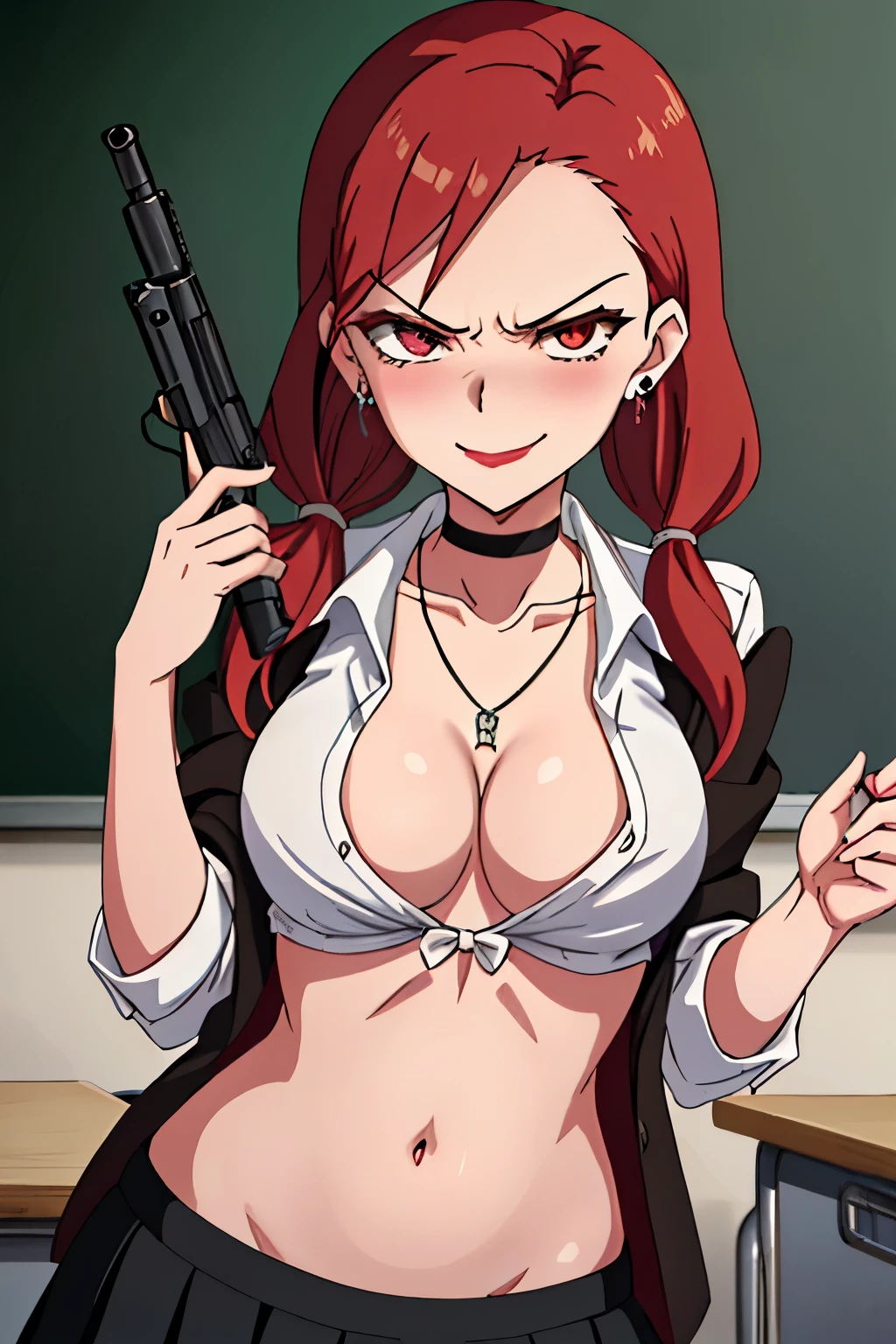  {sarina_shizukume_mahoushoujosite:1.15}, red_hair, twintails, red_eyes, long_hair, anime_coloring, brown_eyes,medium breast, choker, necklace, lipstick, blush, Hot girls, baddie, staring, glaring, bad attitude, mean girl, crazy, smoking, sensual, attractive, masterpiece, best quality, ((unbuttoned , cleavage, necklace, earrings, sexy body,
breasts)) , micro skirt, smiling, navel , exposed belly, exposed navel,,school,
classroom , hold a gun,knot, holding pistol