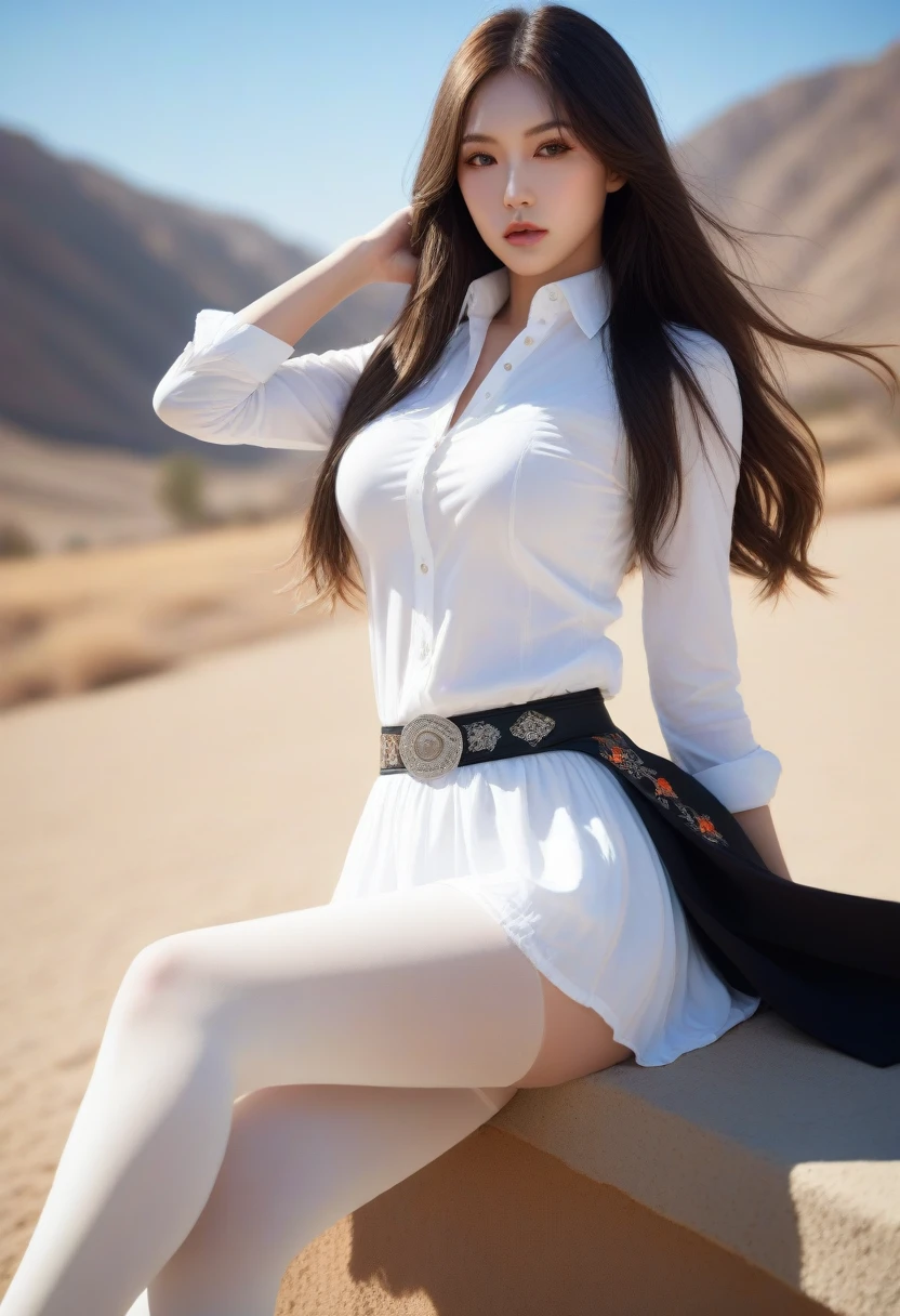 c.c., poker face, , (masterpiece, best quality, Very detailed, Best shadow, Volumetric Lighting), (Beautiful and delicate face, Beautiful and delicate eyes), (Optimal lighting),, Orange Eyes, Very long hair, (White tights:1.4), Black Belt, , (Cowboy shooting:1.3), intense angle,, MKSK Style, Beautiful background, Professional lighting, Warm landscape,
