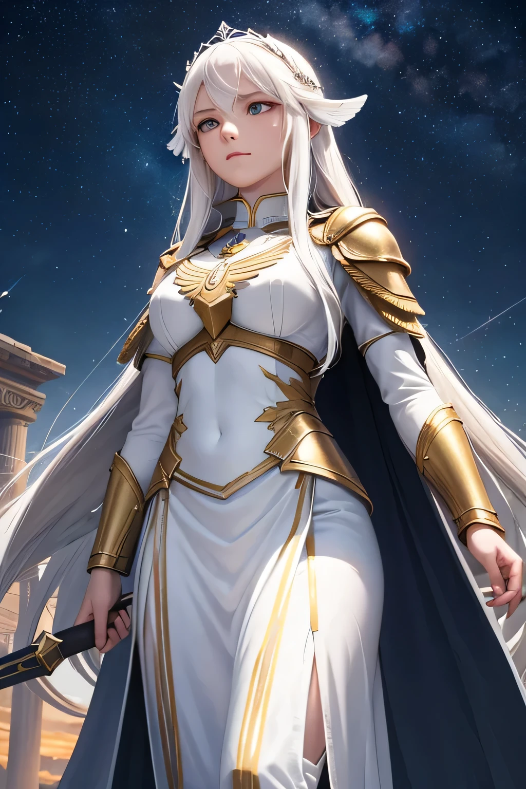 A long white-haired Valkyrie stands solemnly before a celestial bridge, her gleaming armor reflecting the soft glow of the night. She watches over the souls of fallen warriors as they make their way across the bridge to the heavens. The night sky is adorned with countless stars, casting a serene and otherworldly light on the scene. The Valkyrie’s expression is one of reverence and compassion, embodying her sacred duty to guide these brave souls to their eternal,(((upper body)))