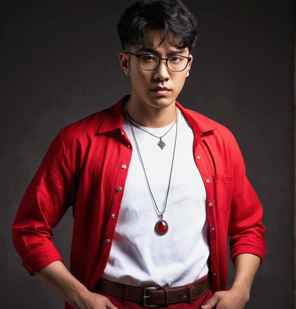 arafed young man asian, in a red shirt and a white t-shirt, pendant black arabia, dramatic portrait, wearing glasses