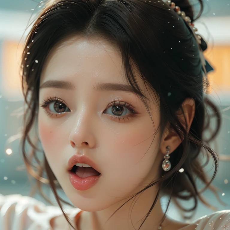 ExtremelyDetailed Kawaii girl Face,(Close-up Sweet lips), glossy lips with beautiful details, Coquettish tongue, Kissing to camera, towards the viewer, 8K TopQuality masterpiece,an extremely delicate and beautiful (ProfessionalPhoto:1.37), {Amazing|finely detail|official art|incredibly absurdres},ultra-detailed close-up shot, close up, (fish eye lens), wide lens, macro lens, Detailed reflective Eyes ElaboratePupils with (sparkling highlights:1.28) (Delicate Voluminous LongEyelashes:0.88), {(Tilted face:1.22)|Visible back of throat|saliva drips|naked shoulder}, (Dripping juice on tongue:1.23) snow particles
