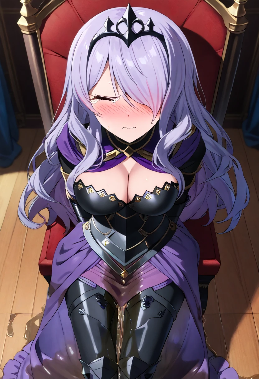 (high quality,Very detailed:1.37, High resolution), Woman, defCm, hair over one eye, black tiara, purple capelet, black armor, cleavage, gauntlets, gloves, armored legwear, armored leggings, see-through, masterpiece, best quality, (wetting herself:2.0), embarrassed, humiliation, sweating, (blushing:3.0), (angry:1.5), (tears:1.5), (sitting:1.5), throne, (hands behind back:2.0), from above, anime screencap
