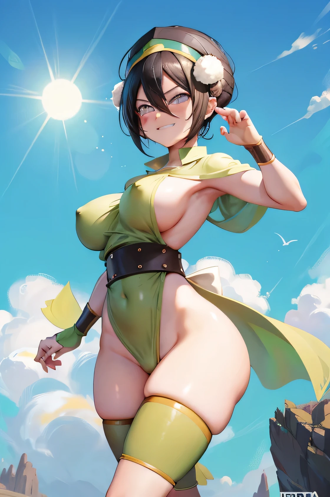 ultra detali, toph beifong, adulto semi nua sexly micro golfinho, striking medium breasts almost showing, voluptuous body, standing gymnastics. Sarcastic smug face, sexly,, almost naked, covering only the middle of the vagina and the nipple 