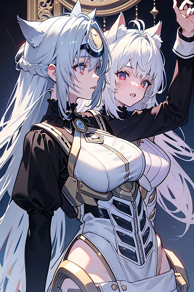 best qualtiy，tmasterpiece，The is very detailed，4K，Gray hair and shallow eyes，Drag cool expressions，Wolf ears，Erect scar on the left eye，British style，1girl，Absolutely beautiful, big bust, white costume, ear ribbon