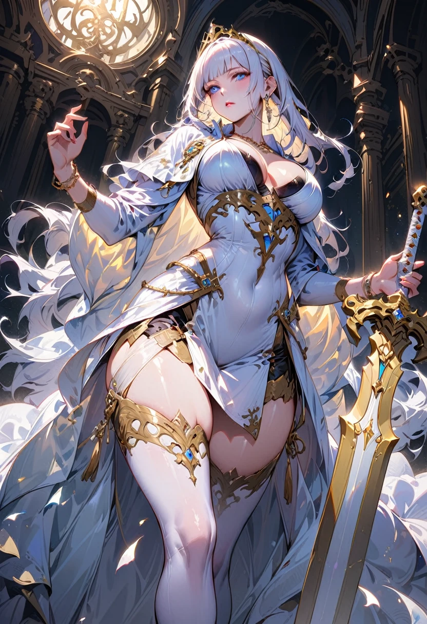 ung beautiful woman,(Highest quality,Extremely detailed depiction,Incredibly absurd high resolution,Anatomically accurate depiction,Curvy Legs),(Glowing Skin,Shiny skin),(A female swordsman with a noble air),(A noble white outfit,Holy sword,tiara,Cape,White tights),(Blue Eyes,Half-closed eyes:1.3,Shadowed face,lipstick,There is cleavage in the chest,Cool look),eyelash,Luxury accessories,Earrings,necklace,Bracelet,Standing posture