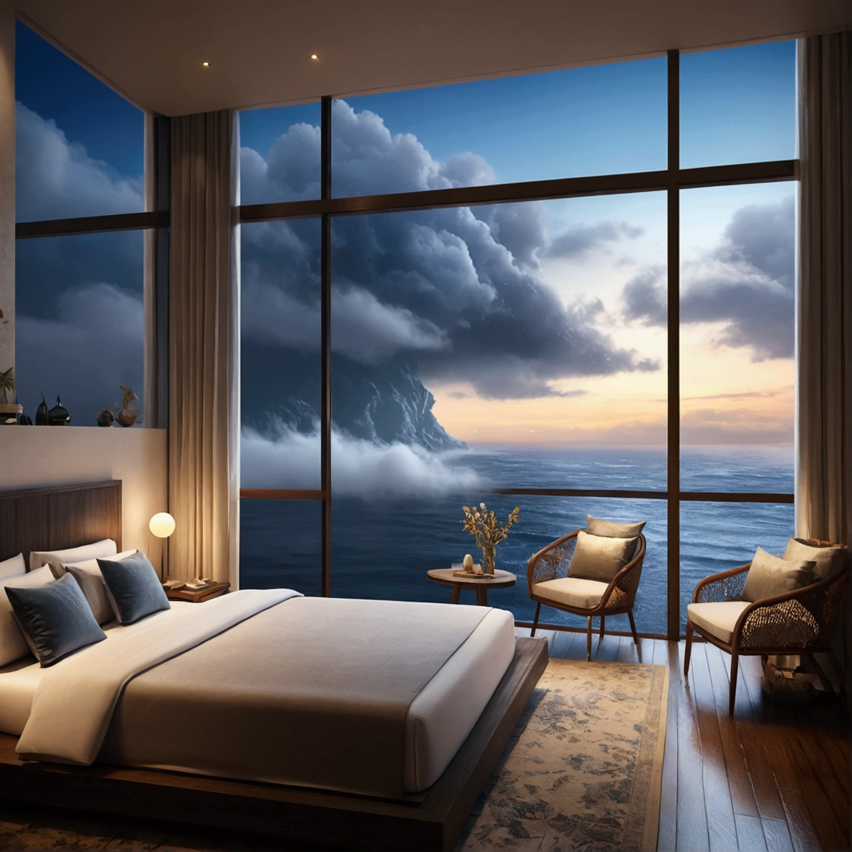 (masterpiece, bestquality),Bedroom with Ocean View,Outside the window,It's raining,Fog,Comfy bed.,Sea of clouds,warm,Evening lighting