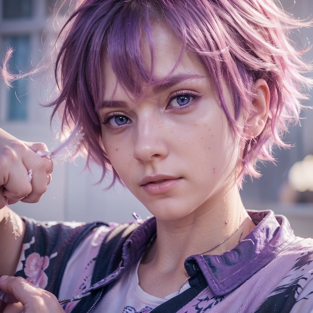 a boy with pink hair fading to purple, beautiful pink eyes, detailed facial features, wearing a white shirt, realistic, ultra-detailed, 8k, hyperrealistic, photorealistic, cinematic lighting, vibrant colors, masterpiece